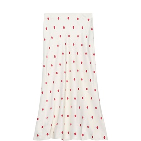 Mint Velvet Polka Dot Flared Skirt in white with red polka dot print, midi length with fluted hemline and elasticated waistband
