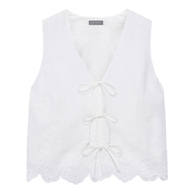 Mint Velvet white broderie anglaise waistcoat with V-neck, tie-front fastenings and scalloped hem