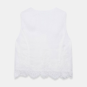 Mint Velvet white sleeveless crop top with broderie anglaise embroidery and scalloped hem, flat lay view.