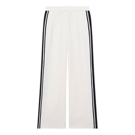 White wide-leg trousers with navy side stripe detail, elasticated waistband, cropped length