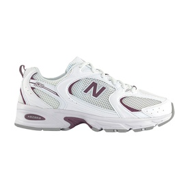 New Balance 530 trainer in white and brown with silver mesh panels, purple N logo detail, and white rubber sole