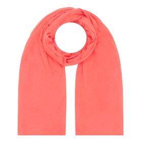 Masai Amega Oblong Scarf in pink, lightweight modal fabric with squared trims and solid finish, shown flat coiled