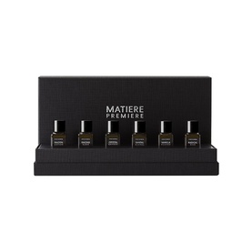 Matiere Premiere Extrait de Parfum Discovery Set, six miniature black bottles displayed in a black presentation box
