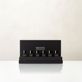 Matiere Premiere Extrait de Parfum Discovery Set featuring six miniature bottles displayed in a black presentation box