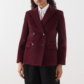 Model wearing Max Mara Weekend Bordeaux cotton blazer, double-breasted with dark buttons, styled with a white shirt and black trousers.