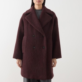 Model wearing Max Mara Weekend bordeaux double-breasted wool blend coat with wide lapels and patch pockets, styled with a grey top.