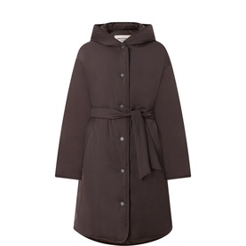 Max Mara Weekend brown padded hooded coat with tie belt and press-stud front fastening, midi length