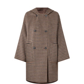 Max Mara Weekend brown houndstooth wool coat with hood, double-breasted button front, and front patch pockets