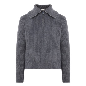 Max Mara Weekend dark grey ribbed wool half-zip jumper with wide collar and silver zip detail