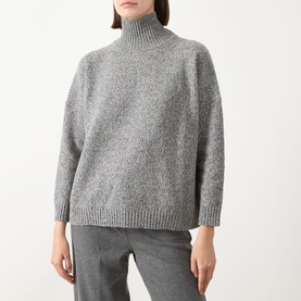 Model wearing Max Mara Weekend Borgia High Neck Sweater in medium grey wool with ribbed trims, styled with grey trousers.