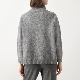 Model wearing Max Mara Weekend Borgia High Neck Sweater in medium grey, shown from back, with ribbed trims and relaxed fit