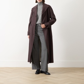 Model wearing Max Mara Weekend Borgia High Neck Sweater in medium grey, styled with dark brown longline coat and wide-leg grey trousers.