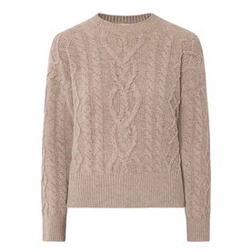 Beige cable-knit crew neck jumper with long sleeves and textured diamond and rope stitch pattern throughout