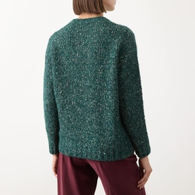 Model wearing Max Mara Weekend Hobby Knitted Sweater in dark green textured knit, crew neck, dropped shoulders, styled with burgundy trousers. Rear