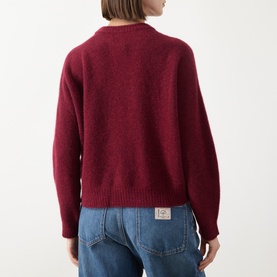 Model wearing Max Mara Weekend Tuono Knitted Sweater in bordeaux, crew neck, ribbed trims, styled with light blue jeans. Back view.