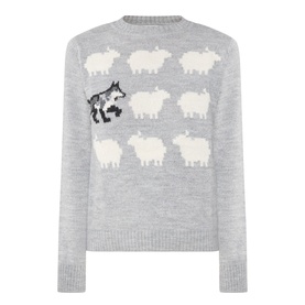 Max Mara Weekend light grey knit jumper with intarsia wolf and sheep pattern, crew neck, long sleeves