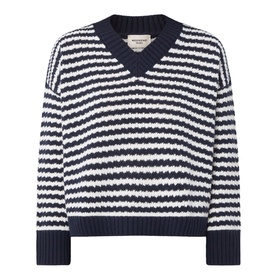 Max Mara Weekend navy and white horizontal stripe V-neck wool knit jumper with textured chunky knit detail