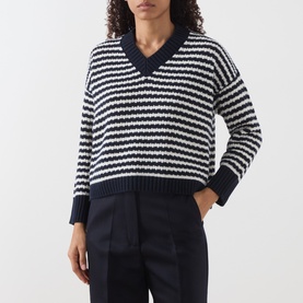 Model wearing Max Mara Weekend navy and white stripe virgin wool V-neck knit sweater, styled with navy wide-leg trousers.