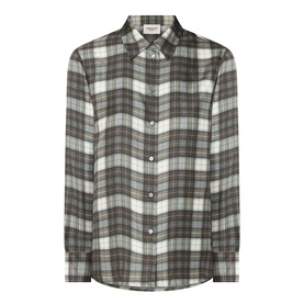 Max Mara Weekend khaki plaid silk shirt with button front, chest pocket, and point collar, long sleeves