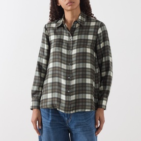 Model wearing Max Mara Weekend khaki plaid silk shirt with chest pocket, styled with blue jeans