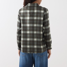 Model wearing Max Mara Weekend khaki plaid silk shirt, rear view, styled with blue denim jeans