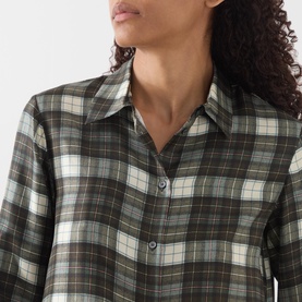 Model wearing Max Mara Weekend khaki silk plaid shirt, close-up showing collar and button placket detail