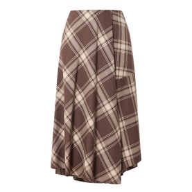 Max Mara Weekend brown check midi skirt in virgin wool blend, featuring a bias-cut flared silhouette and asymmetric hem