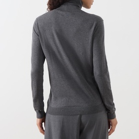 Model wearing Max Mara Weekend Kiku Turtleneck Sweater in dark grey, rear view, styled with matching grey trousers