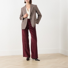 Model wearing Max Mara Weekend Tania Corduroy Straight-Leg Trousers in Bordeaux, styled with a check blazer and white top.