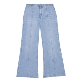 Mint Velvet blue wide-leg flared jeans with contrast stitching, front seam detail and embellished waistband trim