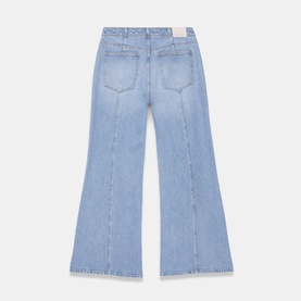 Mint Velvet blue wide-leg flare jeans, rear view showing two back pockets and faded wash denim finish.