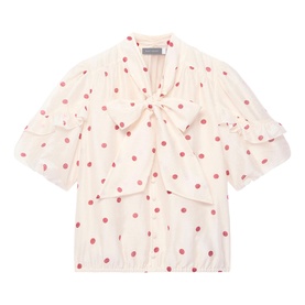 Mint Velvet red polka dot blouse with pussy bow tie, ruffle sleeves, and elasticated hem in cream fabric