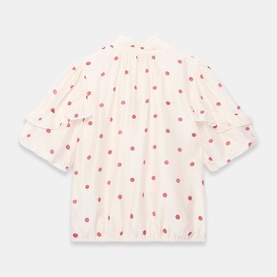 Mint Velvet red polka dot blouse in cream, featuring elasticated hem, ruffled sleeves and relaxed fit, back view