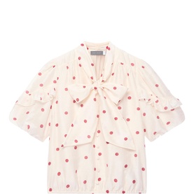 Mint Velvet red polka dot blouse with pussy bow tie, ruffle sleeves, and elasticated hem in cream fabric