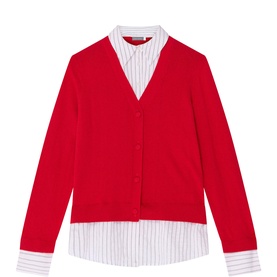 Mint Velvet red V-neck cardigan with white striped shirt underlayer detail and button fastening