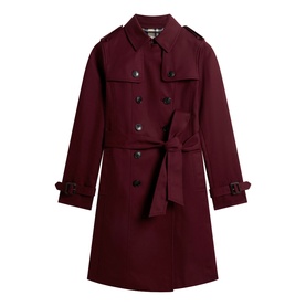 Hobbs fig purple double-breasted trench coat with belt, storm flaps, epaulettes, and button cuffs