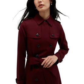 Model wearing Hobbs fig purple double-breasted trench coat with button-front chest pockets and epaulette shoulder detail.