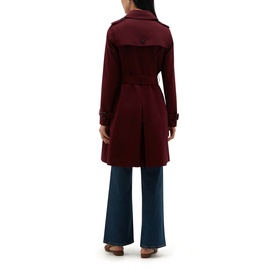 Model wearing Hobbs fig purple belted trench coat, styled with wide-leg blue jeans, shown from the back