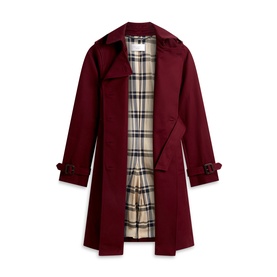 Hobbs fig purple trench coat with classic check lining, button cuffs, and belted waist, displayed flat.
