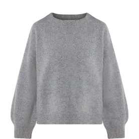 Soft Goat cashmere-silk blend sweater in Blue Melange, round neck, balloon sleeves with ribbed cuffs