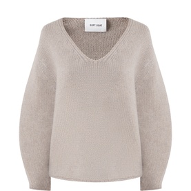 Soft Goat greige 100% cashmere V-neck sweater with wide balloon sleeves and relaxed fit