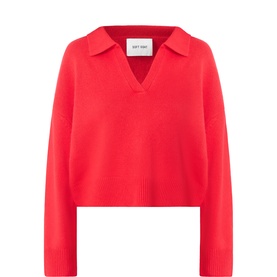 Soft Goat Relaxed-Fit Cashmere Polo Sweater in Rouge with V-neck polo collar, long sleeves, and ribbed trims