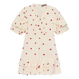 Mint Velvet red polka dot mini dress with V-neckline, flutter sleeves, and tiered ruffle hem in cream fabric