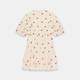 Mint Velvet cream mini dress with red polka dot print, short puff sleeves, elasticated waist, and tiered ruffle hem