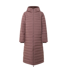 Sweaty Betty Chestnut Brown longline puffer coat with hood, zip fastening, and quilted panelling