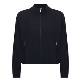 Sweaty Betty black bomber jacket with zip fastening, mock neck collar, and side zip pockets