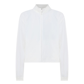 Sweaty Betty Lily White zip-up jacket with funnel neck, long sleeves, and tonal stitching detail