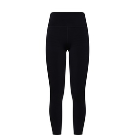 Sweaty Betty black high-waist leggings with wide waistband, cropped length, flat lay view