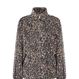 Sweaty Betty Brown Ink Leopard fleece sweat top with funnel neck, zip front, and side pockets