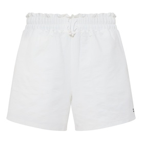 Sweaty Betty Lily White shorts with elasticated paperbag waistband, drawstring tie, and small logo embroidery at hem